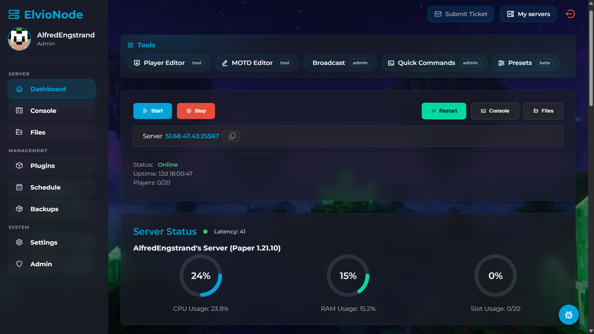 ElvioNode server management view