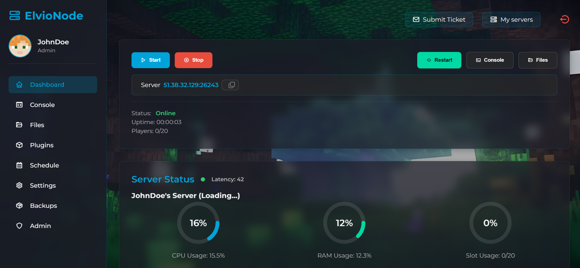 ElvioNode game server hosting dashboard overview