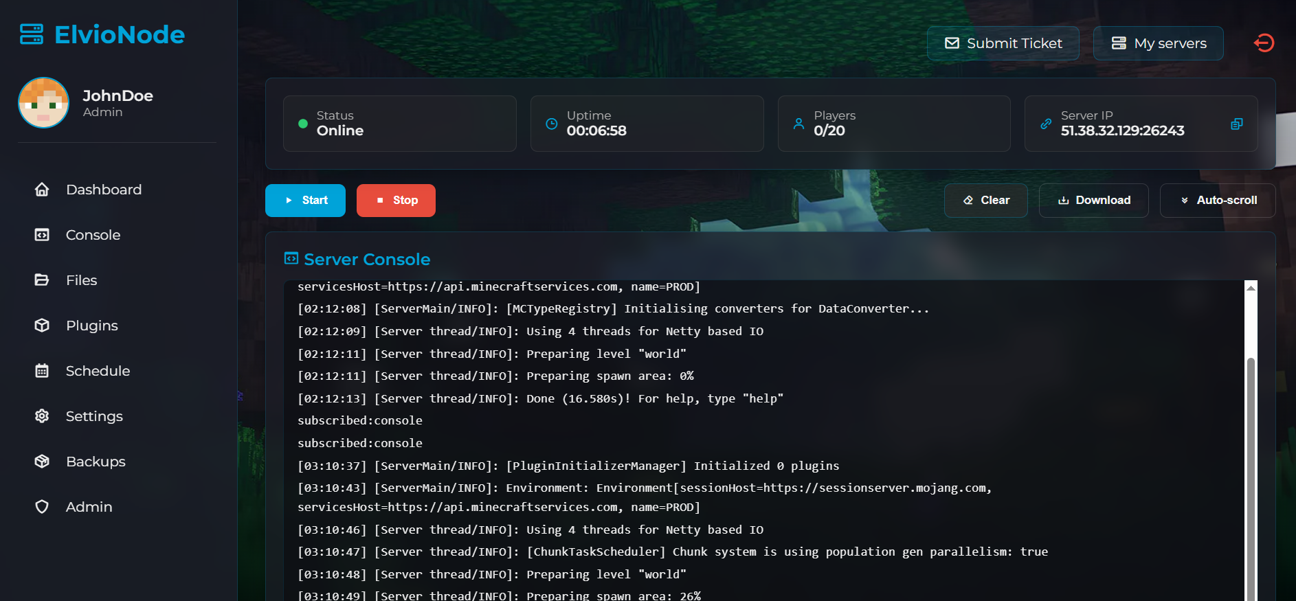 ElvioNode live console access for Minecraft servers