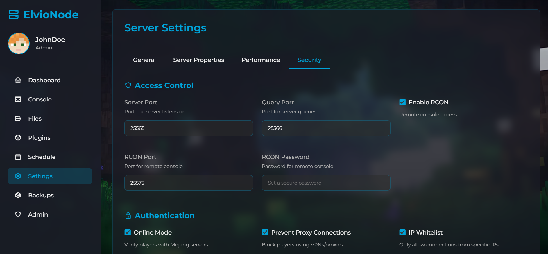 ElvioNode server settings and configuration options